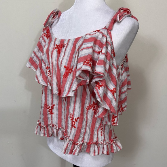 EUC MISA LA White Red Stripes Off Shoulder Tie Straps Oversize Collar Pullover L - Picture 3 of 12